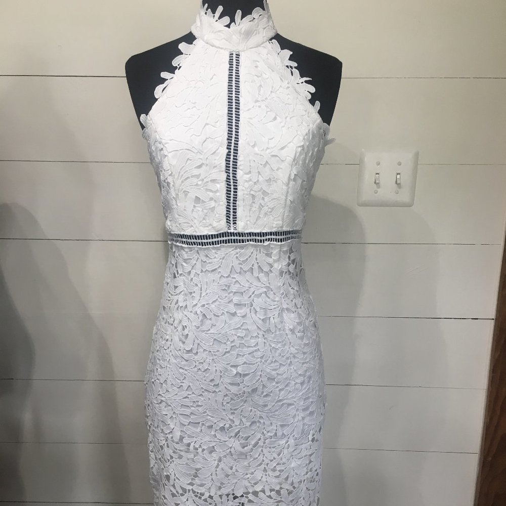 High Neck Lace Cocktail Midi Dress